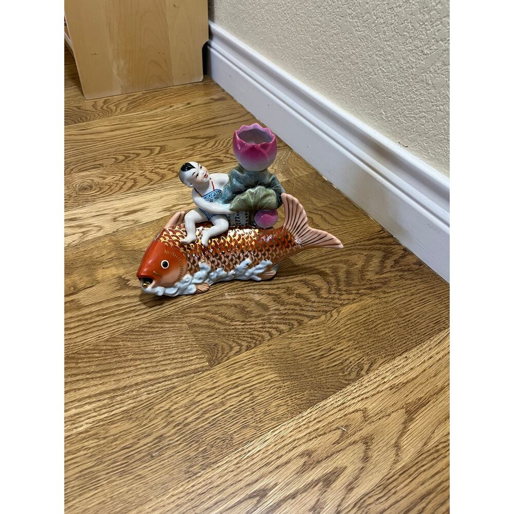 Vintage Chinese Porcelain Boy sitting on Koi Fish Lotus Vase Candle figurine